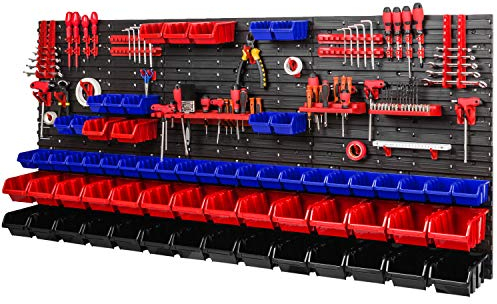 PAFEN Scaffale da officina 1728 x 780 mm – Scaffale da parete con supporto per attrezzi e 64 scatole impilabili – Piastre da parete per scaffali (rosso/blu/nero)