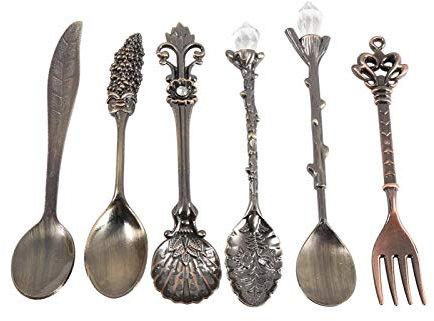 Kuuleyn Tenedor de cucharas Vintage, 6 unids/Set Mini cucharas de café de Metal de Estilo Real Vintage y Tenedor Accesorios de café de Frutas de Cocina(Latón Antiguo)