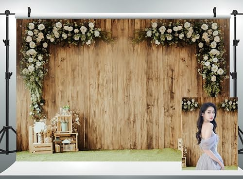 WaW 2.7x1.8m Stoff Fotografie Hintergrund Frühling Beige Holzwand mit Blumen, Fotobox Hintergrund Hochzeit Vintage, Valentinstag, Geburtstag, Fotowand, Fotohintergrund Ostern Porträt, Kinder Shooting
