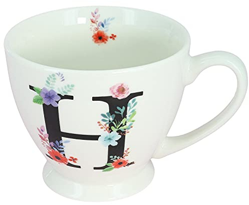 G Decor White Floral, 350ml, Alphabet A-Z Ceramic Tea Coffee XL Cup Mug, Novelty Drinkware for Morning or Evening Drink (H)