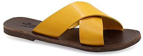 39 Gelb Emmanuela griechische Zehenring Sandalen aus Leder, hochwertige handgefertigte verstellbare Schnallenriemen Sommerschuhe, Knöchel Manschette Sandalen