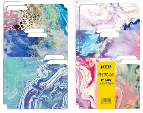 Better Office Products Decorative File Folders, 12 Pack, 6 Designs, Heavyweight, Letter Size (9.5 x 11.5) with 1/3 Cut Tab, Abstract Art Designs, Fashion Folders