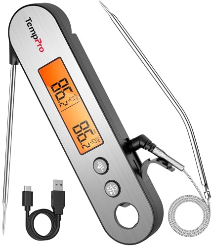 TempPro TP610 Rechargeable Instant Read Thermometer for Cooking, Stainless Steel Meat Thermometer Digital with Alarm, Waterproof Cooking Thermometer for Grill, Smoker, BBQ, Oven(Previously ThermoPro)