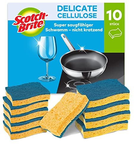 Scotch-Brite Delicate Non-Sctratch Cellulose Scrub Sponge, 10 pieces - highly absorbent scourer ideal for everyday cleaning tasks