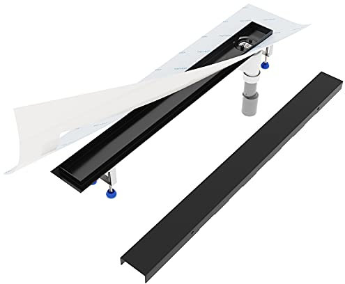 Aquabad Duschrinne SDS Schwarz Matt aus Edelstahl, Länge 120 cm, senkrechter Abgang Seite, Komplett Set mit Blende: Bord, Siphon und Haarsieb