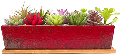 ARTKETTY Vasi per piante grasse in ceramica da 30 cm, moderni contenitori rettangolari lunghi per piante grasse, con vassoio, per cactus e bonsai, con drenaggio, per interni ed esterni, decorazione