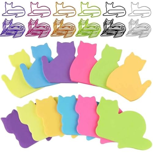 FYSL Klebezettel 360Blätter (12 Pack) Sticky Notes Haftnotizen Lustig, Katzen lustige Haftnotizen, Notizzettel Lustig mit 30 Katzen-Büroklammern for Kinder Studium Haus Büro