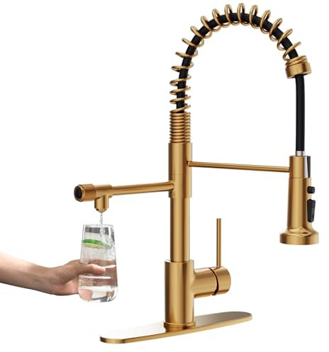 GIMILI Brushed Gold Drinking Water Faucet 3 in1 Commercial Style Pull-Down Single Handle Filter Kitchen Faucet for Water Filtration System,Without Water Filtration Device