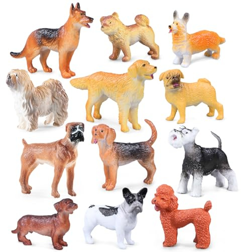 12 stycken minihundfigurer, realistisk hundfigur-leksaksset, plastvalpfigurer, miniatyr-hunddjur, leksaker, hundkaka, cupcake-topper, påskägg, födelsedag