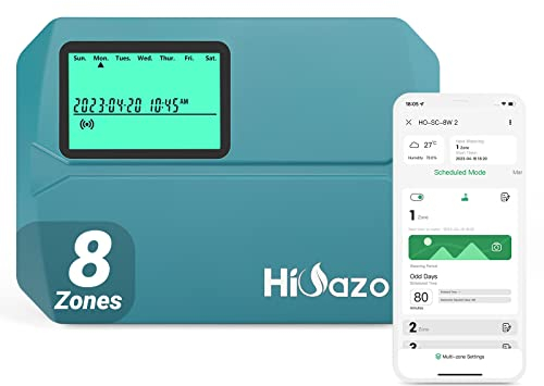 HiOazo Programador riego WiFi, 8 Zonas Sistema de riego, Riego Automatico para Jardín, Temporizador de Riego, Control de App, Ajuste Estacional, Sensor de Lluvia Compatible, HO-SC-8W
