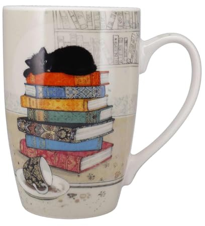 XL Porzellantasse mit Kätzchen auf Bücherstapel - 490 ml
