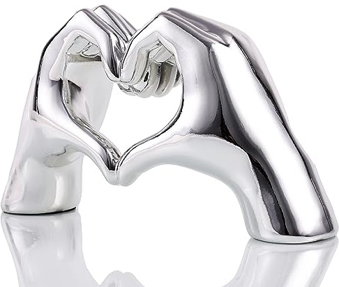 Silberne Herz-Hände-Skulptur, Liebes-Dekostück, ästhetische Statue und Skulptur, für Wohnzimmer, Schlafzimmer, Bücherregal, Couchtisch, Boho-Hochzeitsakzente-Deko, Nippes, Heimdeko für Regale
