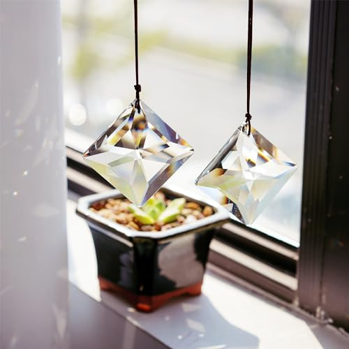 HDCRYSTALGIFTS Lot de 2 prismes attrape-soleil en cristal transparent de 50 mm à suspendre avec prisme en verre, arc-en-ciel, pour fenêtres, balcon, cuisine, décoration de jardin