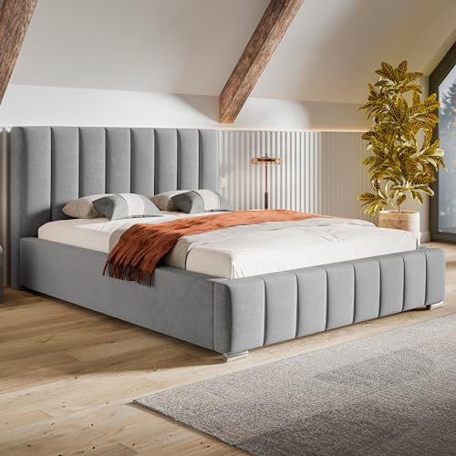 MOTIVENA Vigo Bett 120x200 Grau Samt, mit Stauraum, mit Kopfteil, mit Lattenrost, mit Füßen, ohne Matratze, Polsterbett 120x200 mit Bettkasten Grau (Hellgrau)