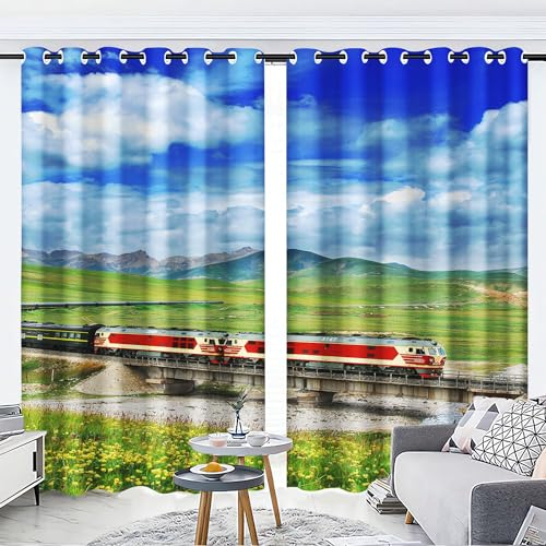 KARPIX Vorhänge mit Ösen Blickdichte Vorhänge Zug Lokomotive Vorhang Polyester Zug Fenstervorhang 3D Home Dekoration Gardinen Für Kinderzimmer (2,150x166cm(2x75x166cm))