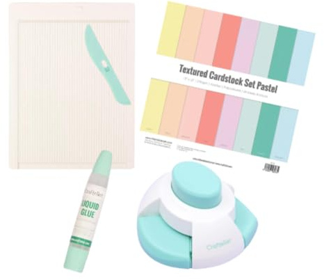 Craftelier - Werkzeugset zum Erstellen Ihrer personalisierten Umschläge, inklusive Markierungstabelle, Locher für Umschläge, Cardstock Pastellfarben und Flüssigkleber, mit Anleitung für Umschläge