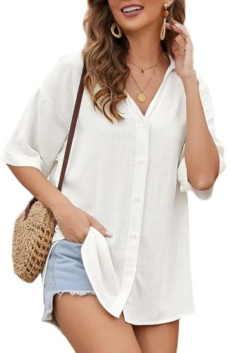 Niwicee Blusa de Mujer Camisa Lino Verano Cuello en V Camiseta Elegante Camiseta de Manga Corta Top Casual de Trabajo con Botones(Blanco,M)