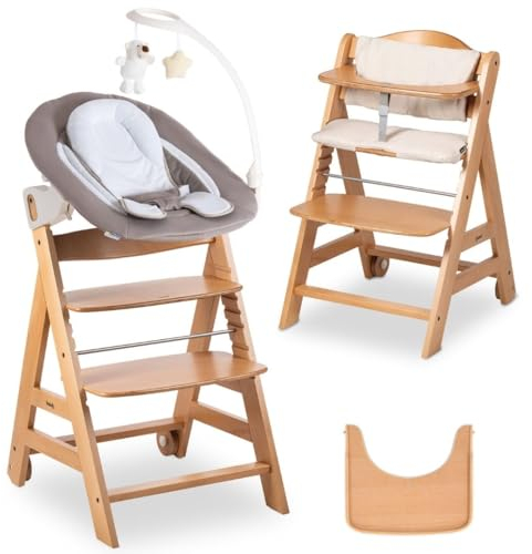 hauck Hochstuhl Beta+ Newborn Set Deluxe - Babyhochstuhl Set ab Geburt mit Neugeborenen Aufsatz Bouncer, Sitzpolster und Essbrett - Natural