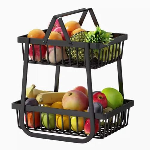 JUNYFFF Frutero De 2 Pisos Cesta Frutero Metalico Portátil De Cocina Modernos para Frutas Y Verduras, Canasta De Alambre Ovalada para Almacenamiento Bocadillos, Pan,Negro