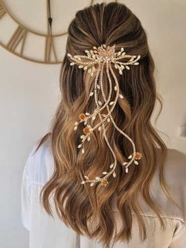 Handcess Braut Hochzeits Haarkamm Gold Strass Kopfschmuck Kristall Blumen Braut Haarschmuck für Frauen und Mädchen
