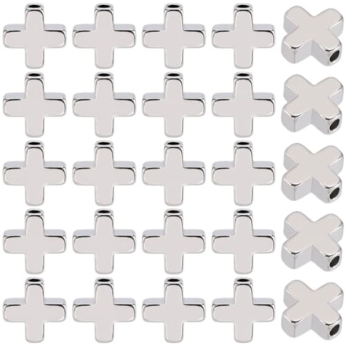 CREATCABIN 60 Stück Kreuzperlen Aus Echtem Platiniertem Messing,Antike Kruzifix-Kreuze,Abstandsperlen,Heilige Charms,Silberfarben,Winzige Lose Perlen,DIY-Schmuckherstellung,Zubehör,Bastelmaterial,8mm