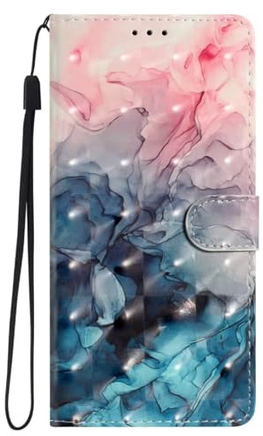 Hülle Case für OPPO Reno8 Pro 5G, Lederhülle [ Premium Echtleder] [RFID Blocker] [Kartenfach] [Magnet] TPU Stoßfeste Klapphülle TPU Schutz für OPPO Reno8 Pro 5G,Rosa blauer Marmor