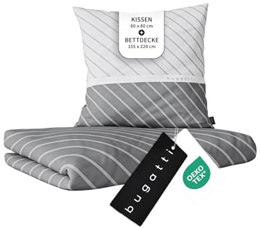 bugatti Bettwäsche 155 x 220 cm - 100% Baumwolle, Reißverschluss, anschmiegsam, weich & waschbar, Mako Satinbettwäsche gestreift grau