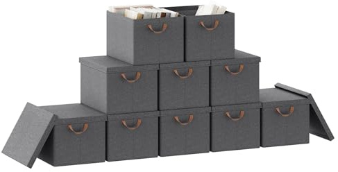 WOLTU Faltbare Aufbewahrungsboxen 10 Stück, mit Deckel, Grau, 48x36x30cm | aus Polyesterstoff, für Schlafzimmer, Arbeitszimmer, Wohnzimmer, Organizer Box mit Griffen, faltbar,