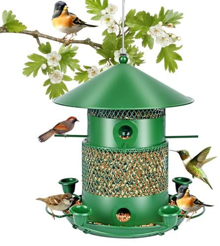 MOOKLIN ROAM Ø26cm Comedero Pajaros Exterior, 2L Gran Capacidad Comedero Colgable para Colibrí, Comedero en Metal para Granos, Balcón Jardin Resistente a la Intemperie Comedero Pajaros con Cubierta