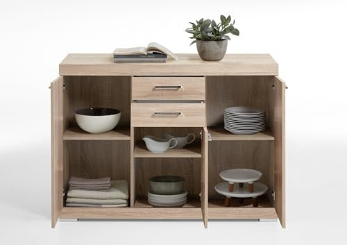 möbelando Kombikommode >Bristol 3 XL< in Eiche Dekor - 120x89,9x49,9cm (BxHxT)