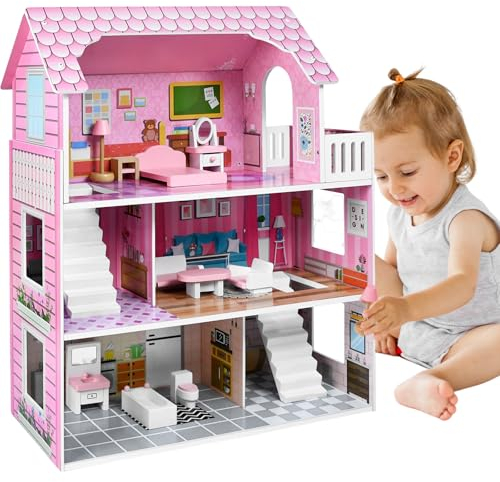 Kidsbuddy Großes Puppenhaus aus Holz für Mädchen，3 Etagen Spielset mit Möbelstücken und Zubehör,Prinzessin Traumhaus,Barbyhaus,Puppenvilla für Kinder ab 3 Jahren,Spielzeuggeschenk,60x24x70cm,Typ A