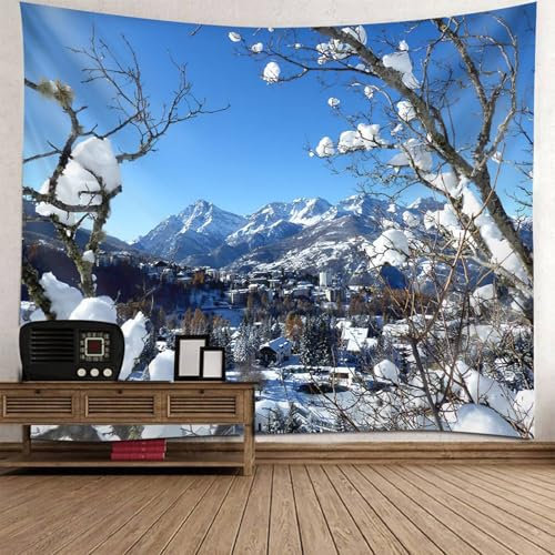 Mesnt Wandteppich Natur XXL, 300x256cm Schneebaumdorf Berg Winterliche Szenerie Wandbehang Wandteppich für Meditation Schlafzimmer Wohnzimmer Schlafsaal | Grau Blau