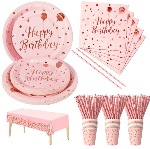 Nkaiso Compleanno Stoviglie per feste Rosa e Rosa Oro 121 Pezzi Carta Set Include Piatti Tovaglioli Tazze Forniture per la Decorazione di feste -24 Ospiti