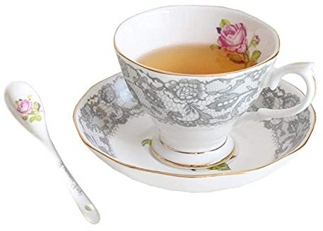 Tazza da caffè in porcellana Bone China da 180 ml, con rose in pizzo, piattino, tazza da tè con fiori, per la casa, per caffè in ufficio, tazza da caffè istantaneo con capacità di 180 ml