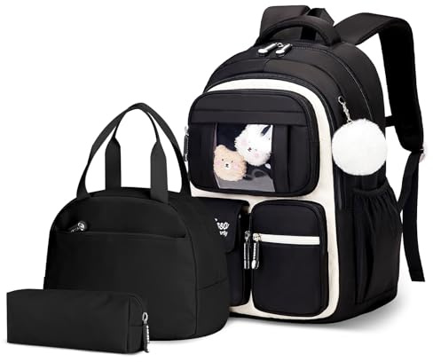 Amythe School Bag Girl Backpack Kids, 3-Piece School Backpack Set with Lunch Bag Pencil Case, Breathable Nylon Bookbag Rucksack for Student, Black