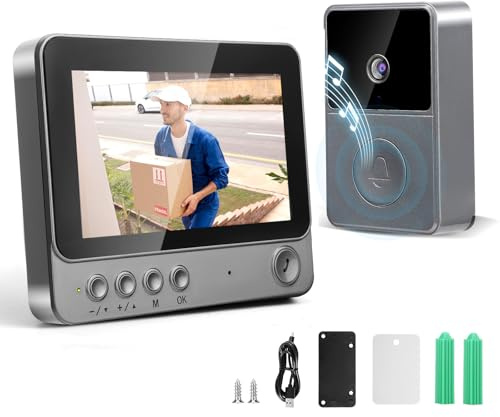 Drahtlose Video Türklingel,4,3 Zoll IPS Bildschirm Klingel Mit Kamera,Außentürklingel, 1080P HD,170°-Video-Türsprechanlage, Nachtsicht, Zwei-Wege-Audio, IP65 Wasserdicht