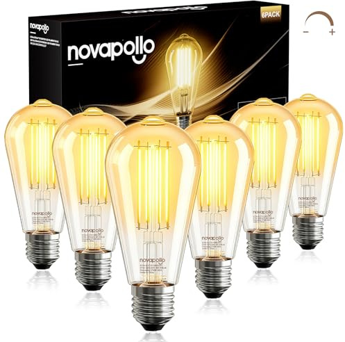 novapollo E27 Dimmable Bulb 8W (60W Equivalent) - ST64 Edison Screw Warm White 2700K Vintage Light, 806LM Clear Filament Decorative Bulbs, High CRI for Bedroom Living Room UK CA Certified (Pack of 6)
