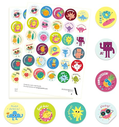 Belohnungssticker für Grundschule Lehrerbedarf – Motivationsaufkleber für Kinder im Set – ab 300 Stück – 30 Sprüche – Sticker für Schule, Kindergarten – (01-FOOD)