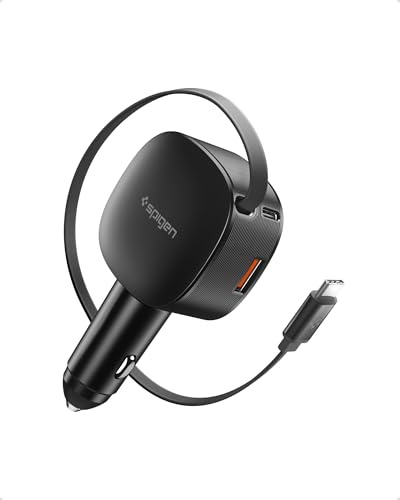 Spigen Essential 60W 3-IN-1 Retractable Car Charger Fast Charge Adapter | USB C & A 2-Ports Car Cigarette Lighter Socket for iPhone 17 17e 16 15 14 13 12 Samsung Galaxy S26 S25 Google Pixel 11 10 10a