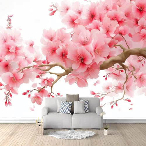 Rosa Carta da parati murale, Bellissimi Fiori Uccelli Fiori Di Ciliegio Carta da parati per soggiorno camera da letto, murale decorativa non tessuto per sala da pranzo corridoio 200 x 140 cm
