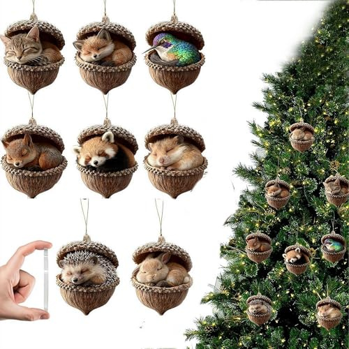 Waldtier--Ornamente, schlafendes Tier, Weihnachtsbaumschmuck, gemütlicher Wald, Tannenzapfen, Tier-2D-Acryl-Hängeornament, rustikale Natur-Themen-Bauernhof-Heimdekoration, Tierliebhaber-Geschenk