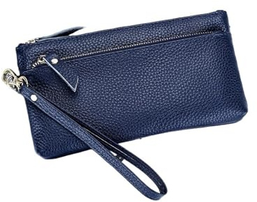QAUUCP Handledsväska damer damer clutch med handledsstängning, läderclutch, mobiltelefon smartphone, lång plånbok, vintage-plånbok, resehandledslås dubbel dragkedja, Mörkblå, Einheitsgröße