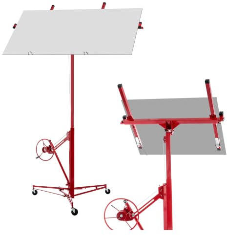 Elevador de placas de yeso para paneles de yeso de hasta 68 kg, 140 – 350 cm, elevador de placas de acero inclinable 60°, plegable, con 3 ruedas de freno, color rojo