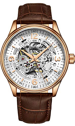 Stuhrling Original automatisk skelettklänning för män klocka äkta läderband med självuppdragande mekanisk rörelse (roséguld), Rosa guld, Mekanisk