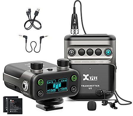 Xvive U5 Sistema Microfonico Lavalier Wireless 2,4 Ghz Dual Channel per Fotocamera DSLR, Videocamera, Registratore, Smartphone per la Registrazione di YouTube TikTok Vlogging