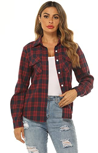 Ietaoo Damen Karo Bluse Kariertes Hemd Blusenshirt Langarm Casual Boyfriend Hemdbluse Oberteile Elegant Flanell Bluse Hemden A-Navy blau M