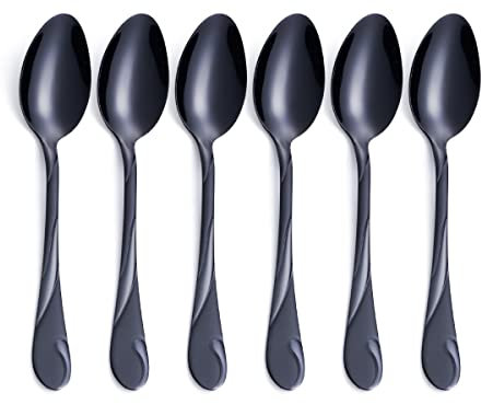 Seeshine Schwarzes Dessertlöffel Set, 16,5 cm Edelstahl glänzende schwarze Teelöffel 6 Stück, Espresso Kaffeelöffel, mit satiniertem Griff, spülmaschinenfest & Hochglanzpoliert