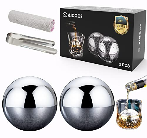 SAICOOS Lot de 2 glaçons réutilisables en acier inoxydable avec technologie High Cooling pour whisky, vodka, liqueur, vin（55mm）