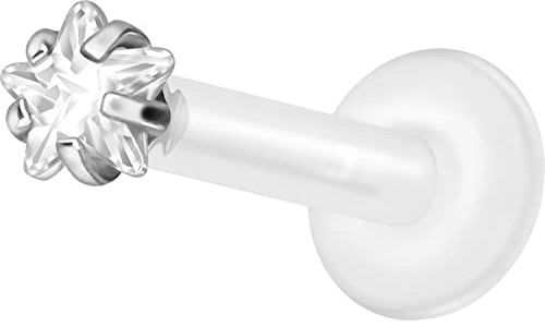 PIERCINGLINE PTFE Labret mit Innengewinde + Titan Aufsatz EINGEFASSTER KRISTALLSTERN Piercing Lippe Nase Ohr Helix Tragus Medusa Farb & Größenauswahl