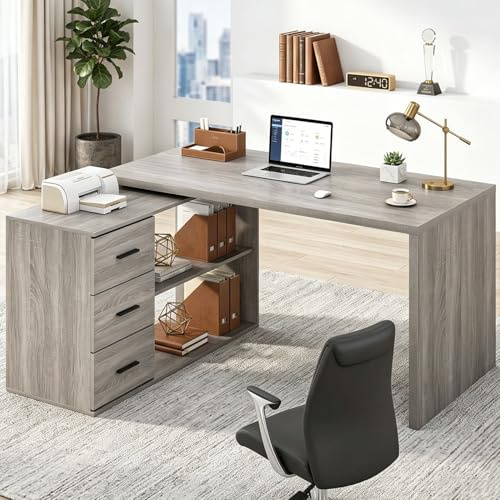 HSH Graue 140cm Schreibtisch l Form, Eckschreibtisch mit Schubladen | Große Holzplatte Als Bürotisch mit schreibtisch mit regal praktische Ablage für Arbeitsutensilien